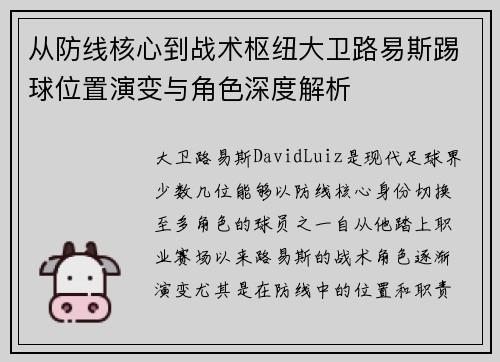 从防线核心到战术枢纽大卫路易斯踢球位置演变与角色深度解析